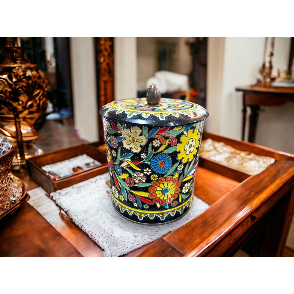 MCM Daher Vintage Stamped Floral Enamel Lidded Canister Midcentury Modern Decor - Picture 8 of 10